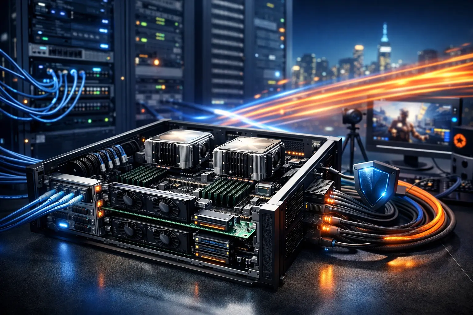 一座现代数据中心内，整齐排列的服务器机柜通电运行