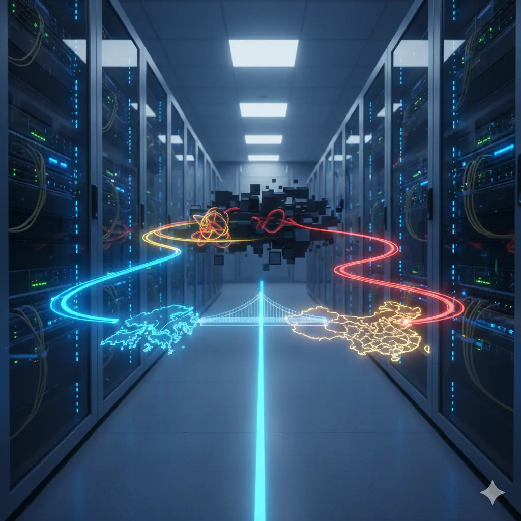 数据中心机房走廊，地面上有发光的香港地图和中国地图轮廓，中间由一座微缩发光桥梁连接，光线从地图延伸至远方的悬浮黑色立方体和周围的服务器机架。