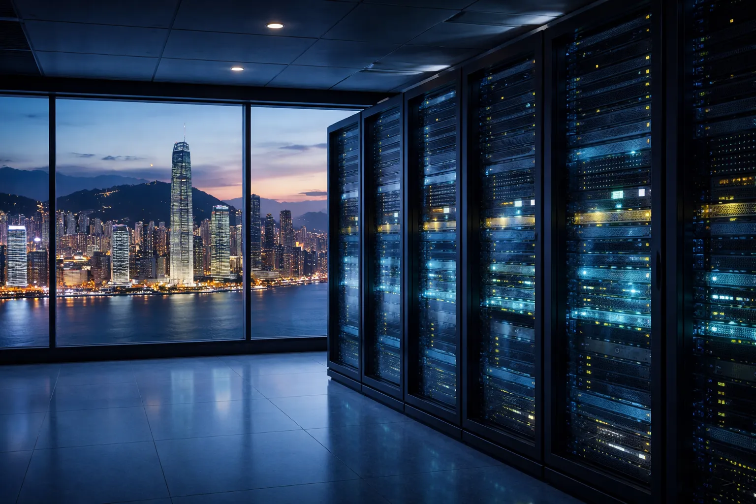 一间现代化数据中心内，右侧排列整齐的服务器机柜发出蓝色和绿色指示灯光，左侧窗外为香港城市夜景与高楼天际线。