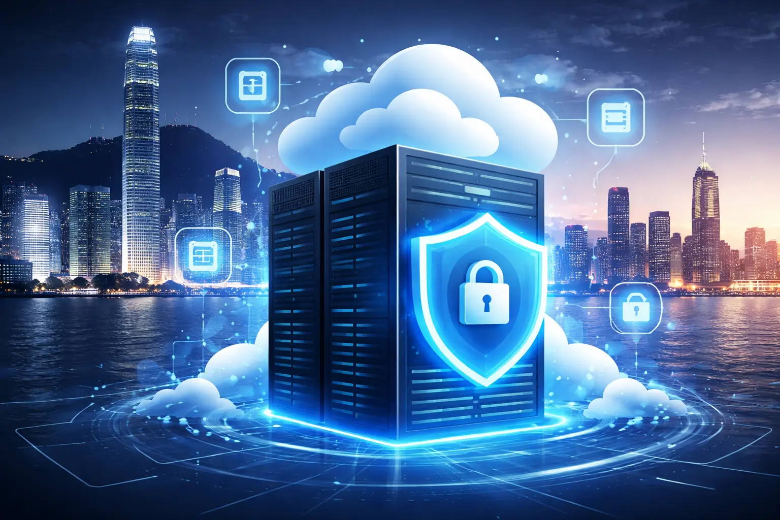 云端服务器前方展示发光盾牌图案，背景为一座临海城市的高楼建筑
