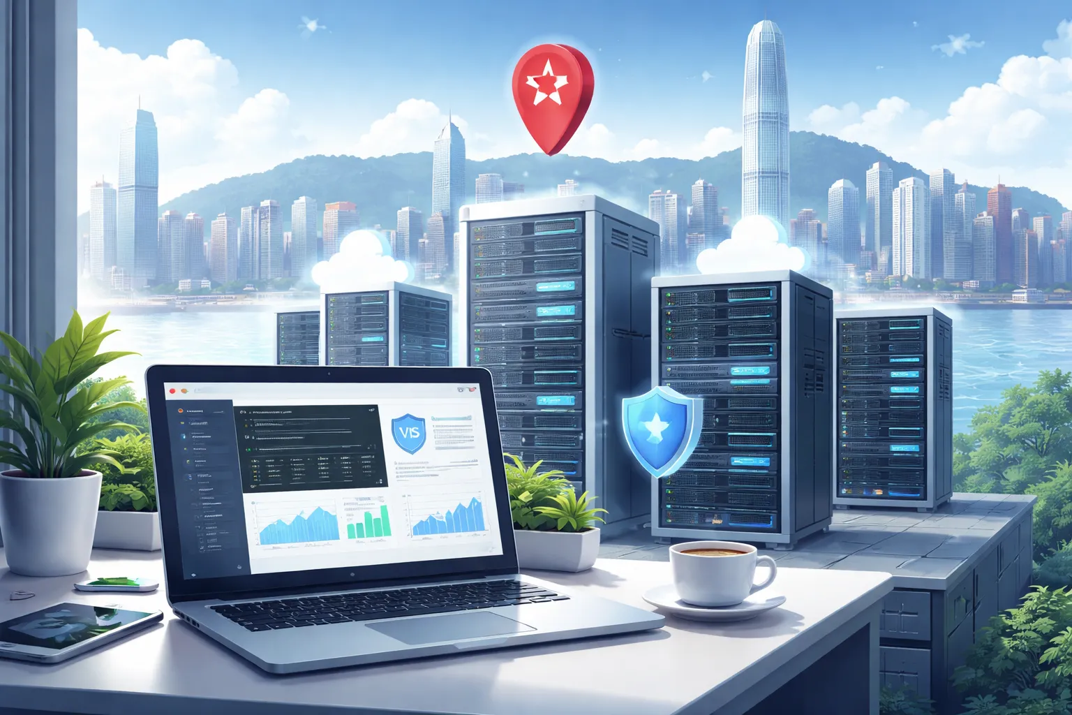 一台笔记本电脑显示VPS管理界面，背景为高楼林立的城市与多组发光服务器机柜