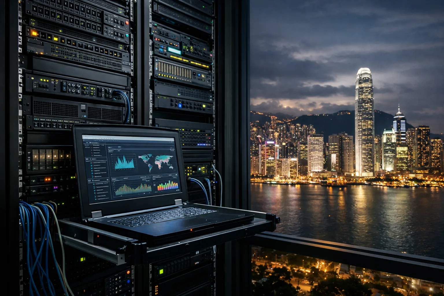 数据中心中的服务器机架和网络监控笔记本，背景是香港夜景