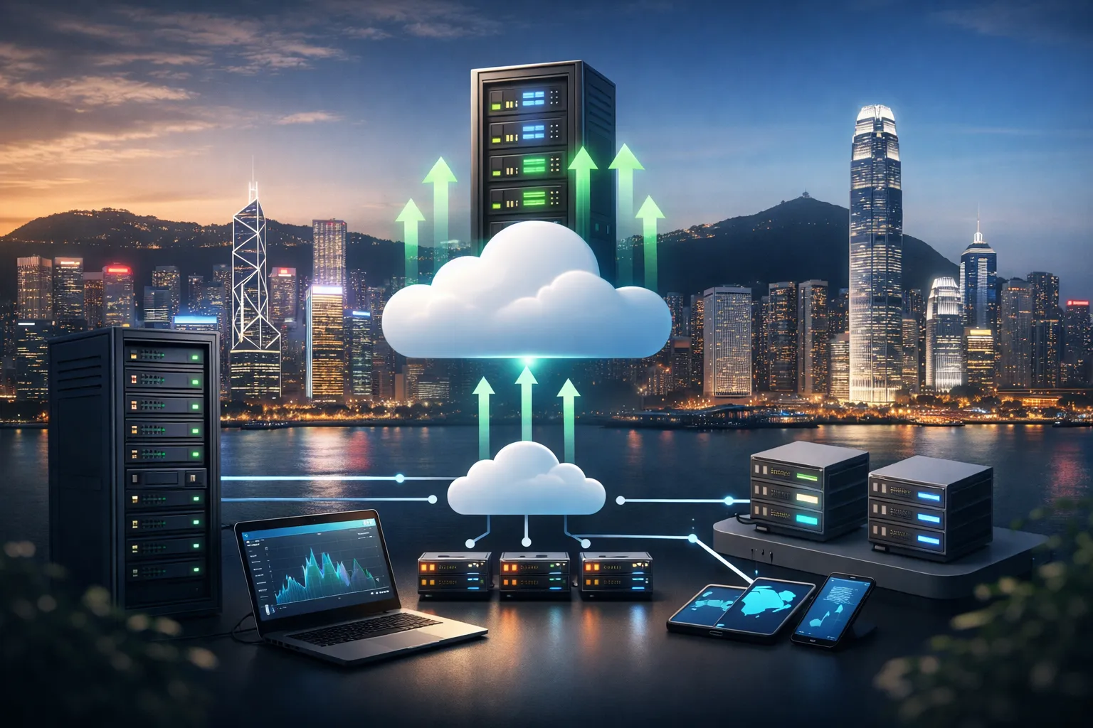 香港城市夜景前，桌面上摆放着多台服务器、笔记本电脑和手机，中心有云计算图标与服务器相连。