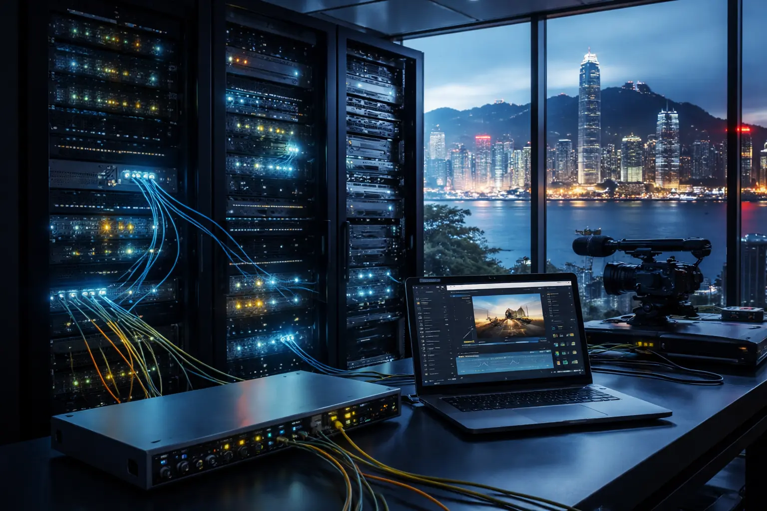 一间现代数据中心内，服务器机柜连接多条网络线，窗外为香港城市夜景