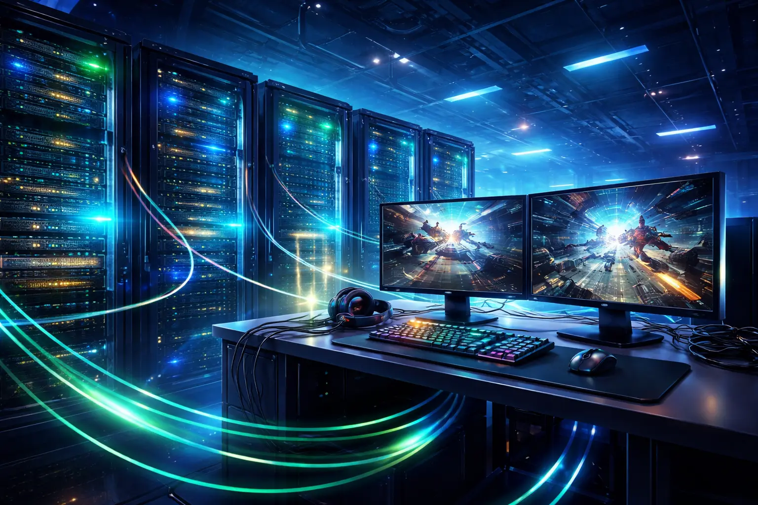 双显示器游戏工作站前方是一组高亮发光的服务器机柜，连接线条发出荧光色光效。
