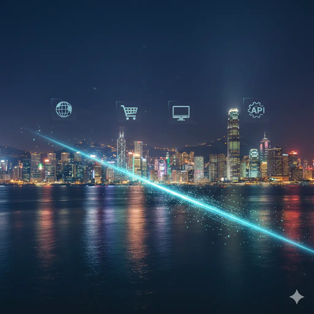 夜幕下的香港维多利亚港天际线，海面上方漂浮着四个蓝色科技图标（地球、购物车、电脑显示器、带有API字样的齿轮），一道明亮的青色光束横穿画面中心。