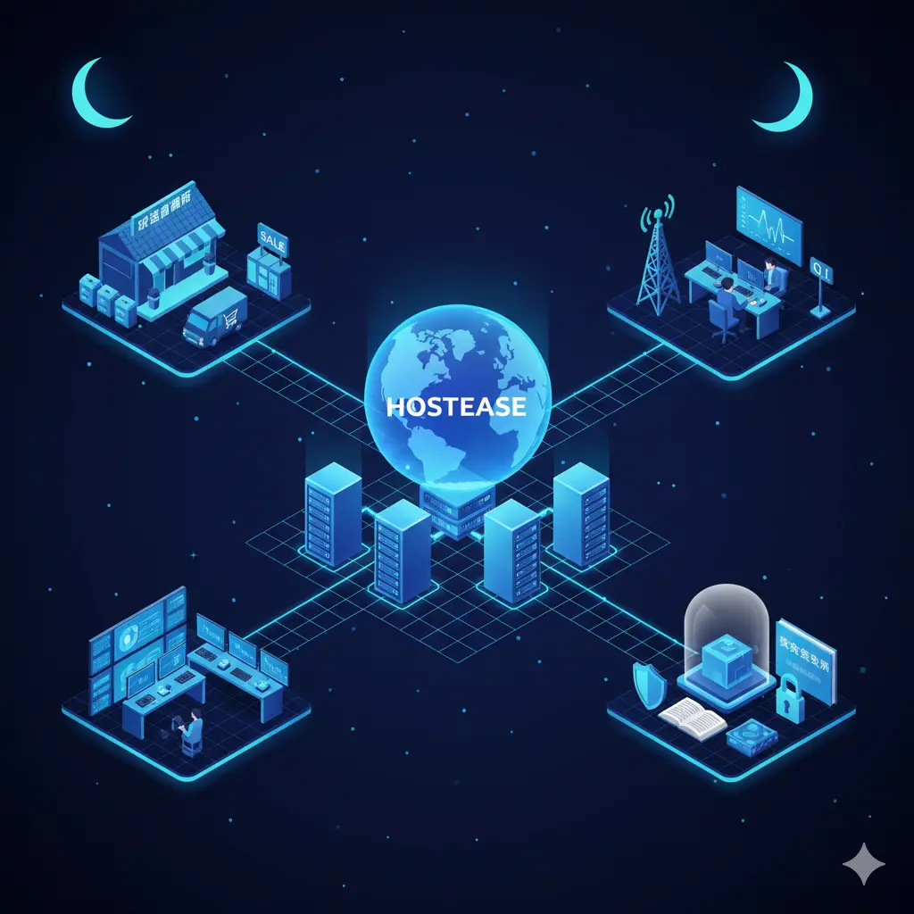 一张展示中心为发光地球与Hostease字样，四周连接着电商物流、办公监控、技术研发及数据安全四个业务场景等距视角插图。