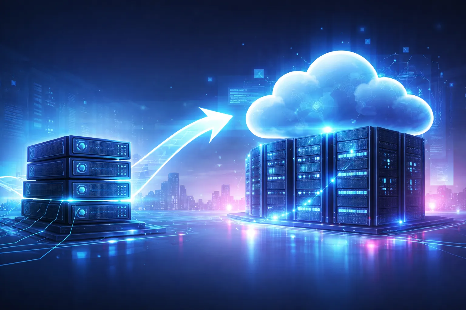 云服务器与物理服务器并列展示的高科技数据中心场景