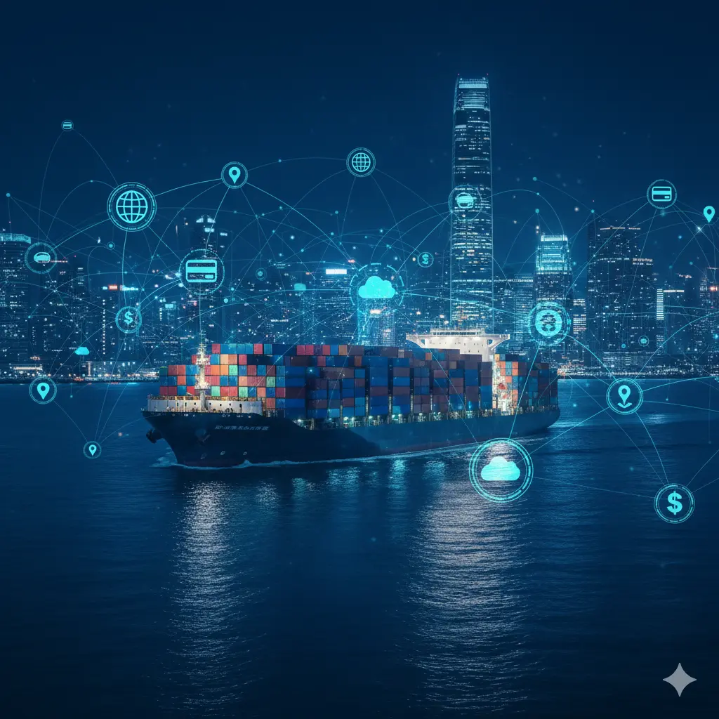 一艘载满彩色集装箱的货轮在夜晚航行，背景是灯火通明的城市天际线，画面上方覆盖着由线条和图标组成的蓝色数字化网络。
