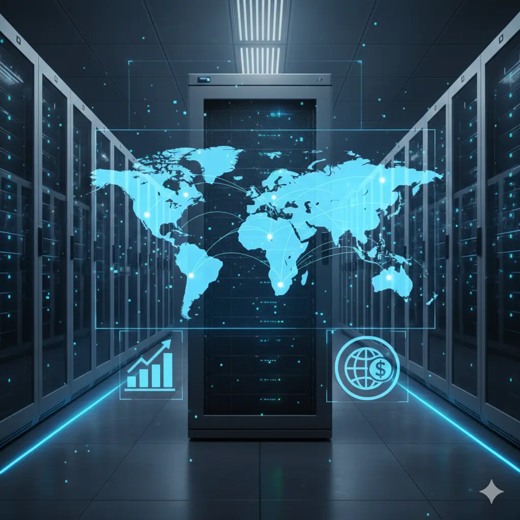 机房内服务器机柜前显示的蓝色科技感世界地图全息投影，包含增长曲线图表和全球金融图标。