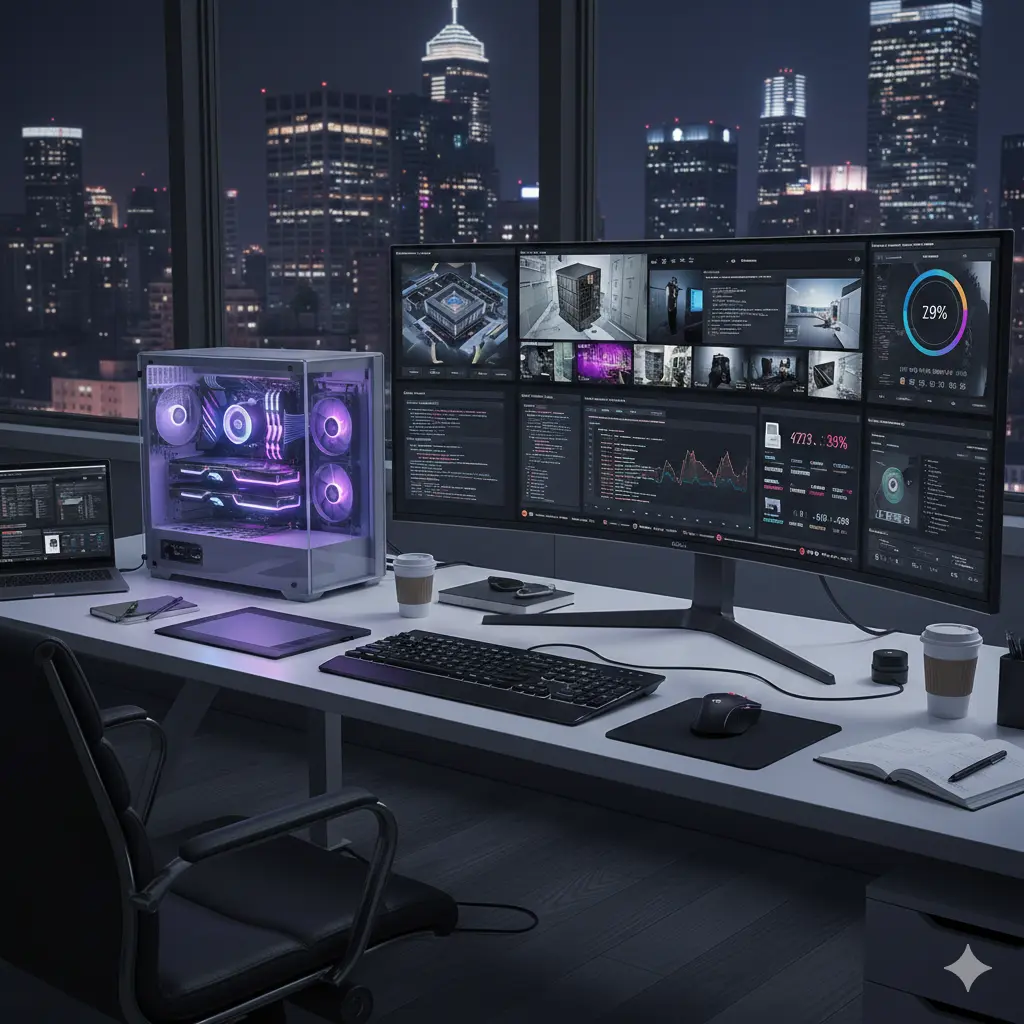 在夜晚城市背景下的办公室桌面上，摆放着一台带有透明机箱和紫色灯效的电脑主机，以及一个显示着多个图形处理界面和数据图表的宽屏显示器。