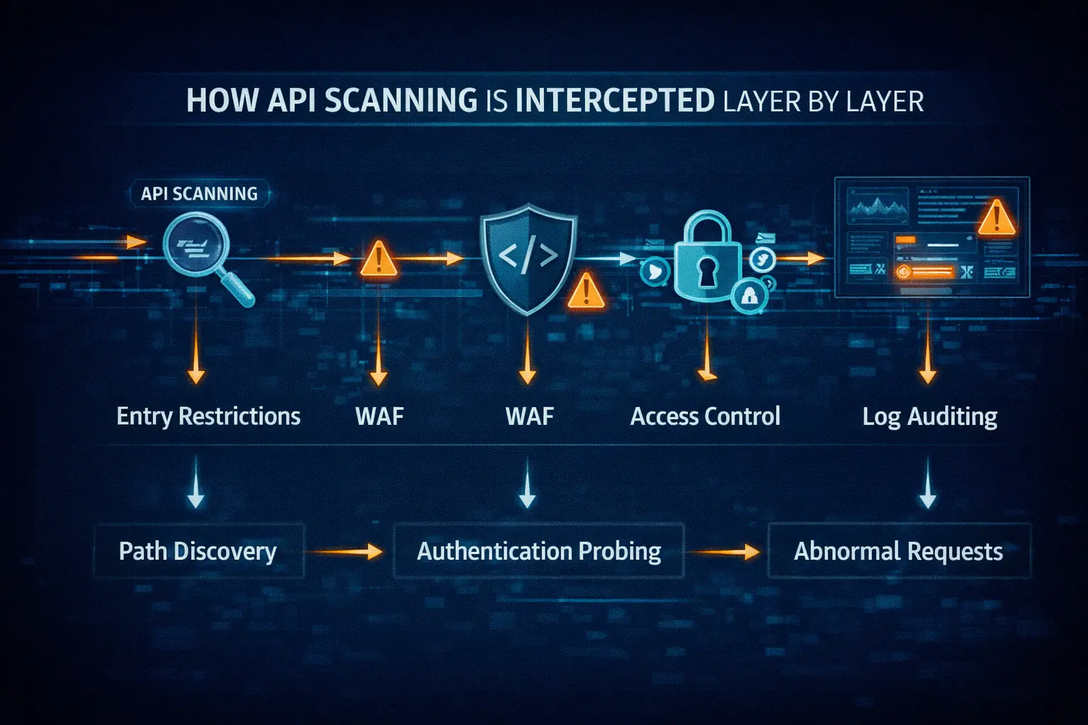 API 试探扫描与多层防护拦截流程图