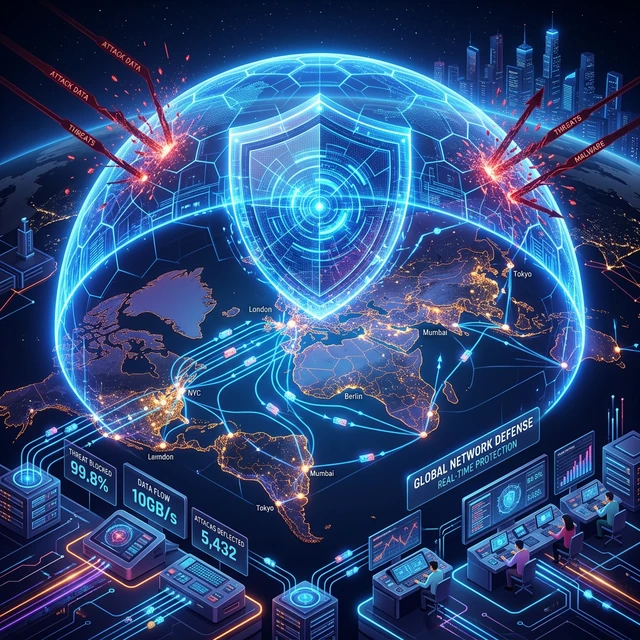 2026 全球 DDoS 攻击防护与流量清洗示意图 (4:3)