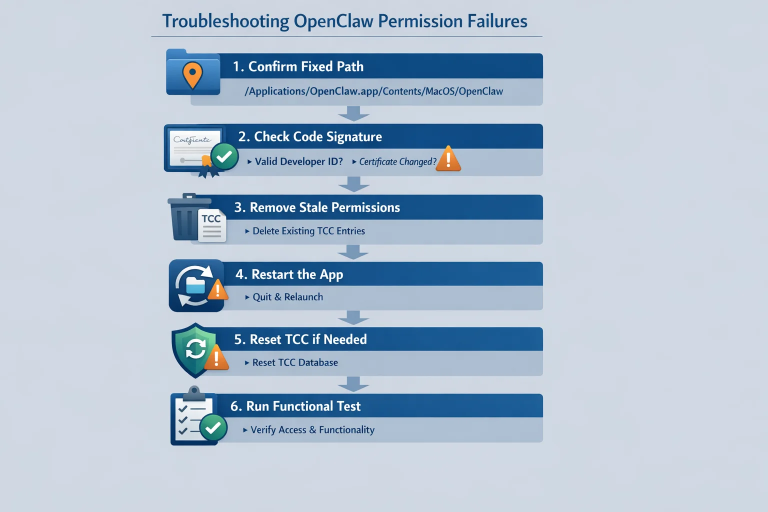 OpenClaw 权限问题 - 说明 OpenClaw 在 macOS 上与 TCC 权限系统关系的概念图