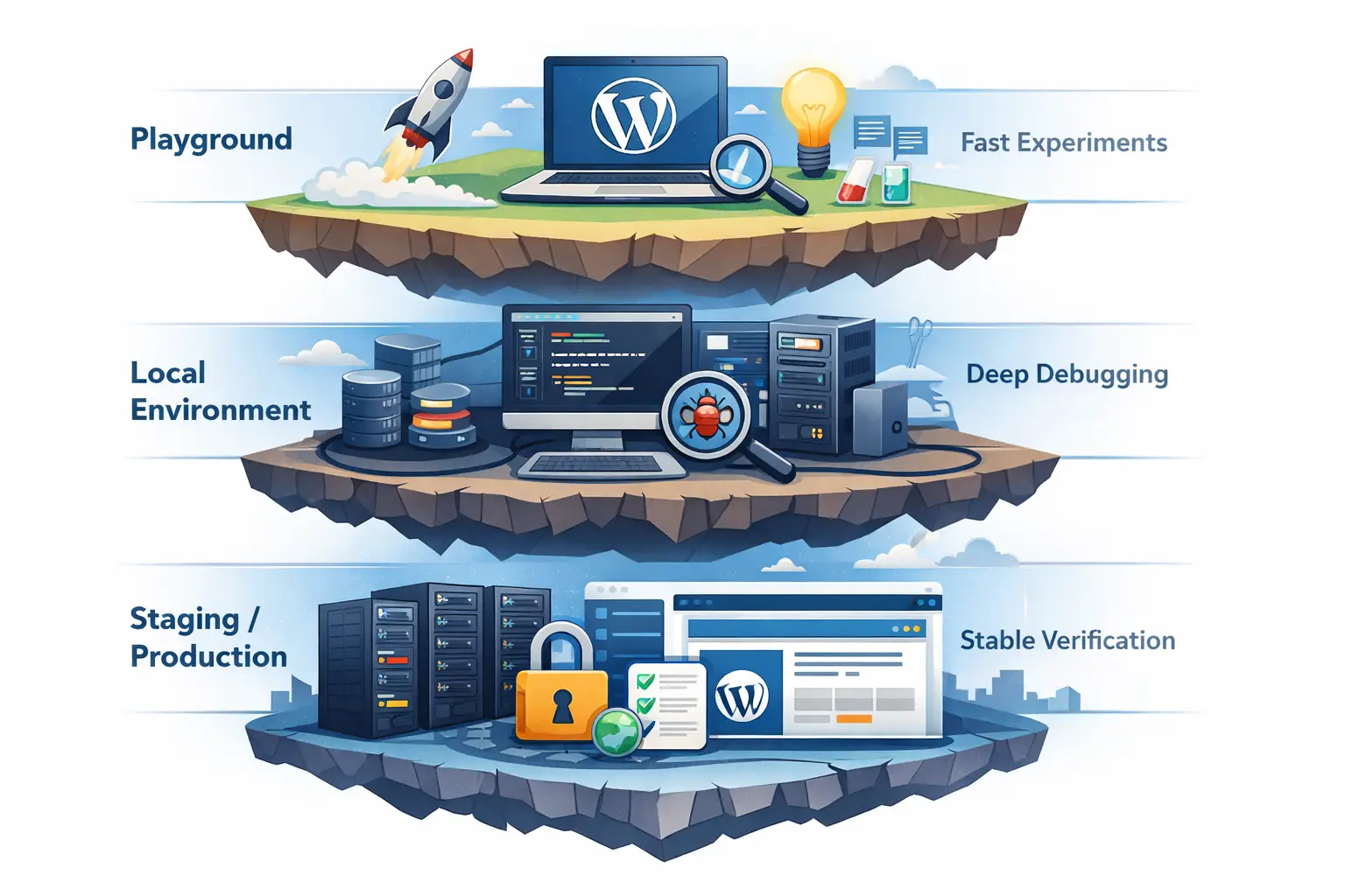 WordPress 快试 深调 稳验三段式测试路径图