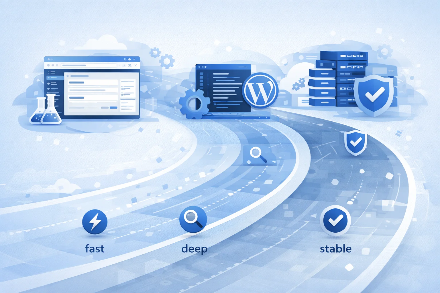 WordPress Playground 到本地环境再到服务器环境的分层路径图