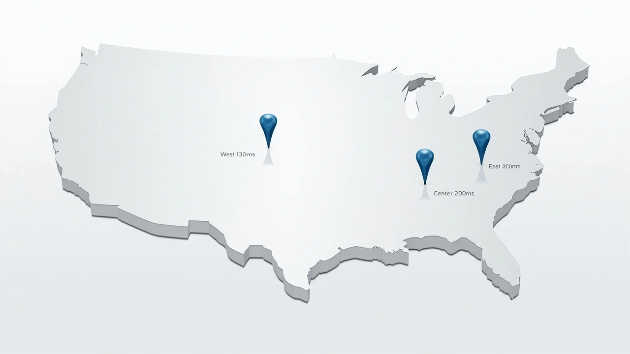 美国西东海岸机房与延迟对比示意图