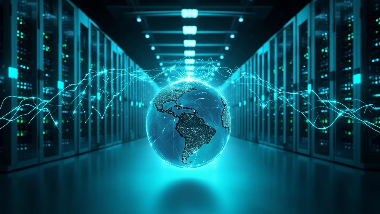 美国 VPS 服务器延迟诊断与优化封面图，展示数据中心服务器与跨洋网络路线