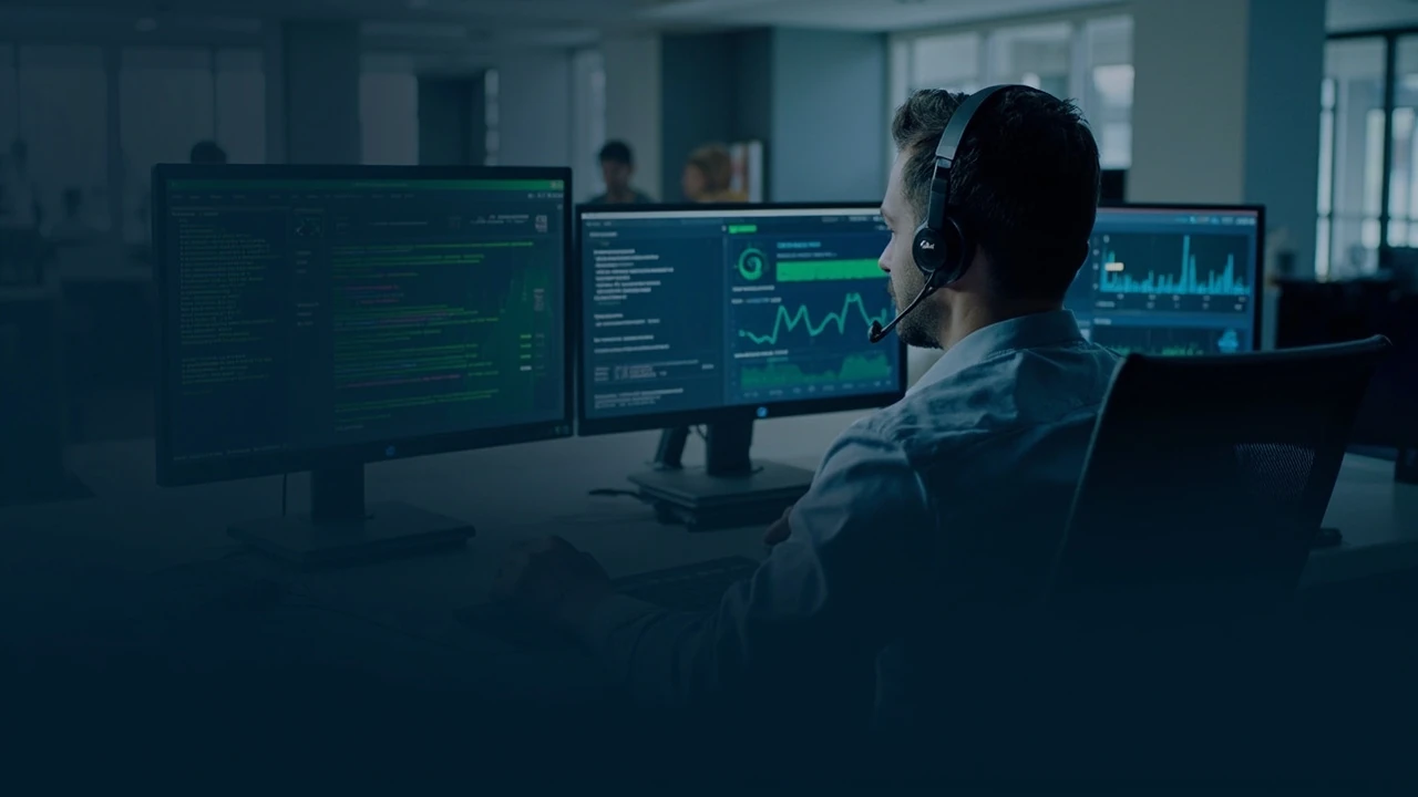 运维人员在多屏幕工作站前进行 VPS 故障排查