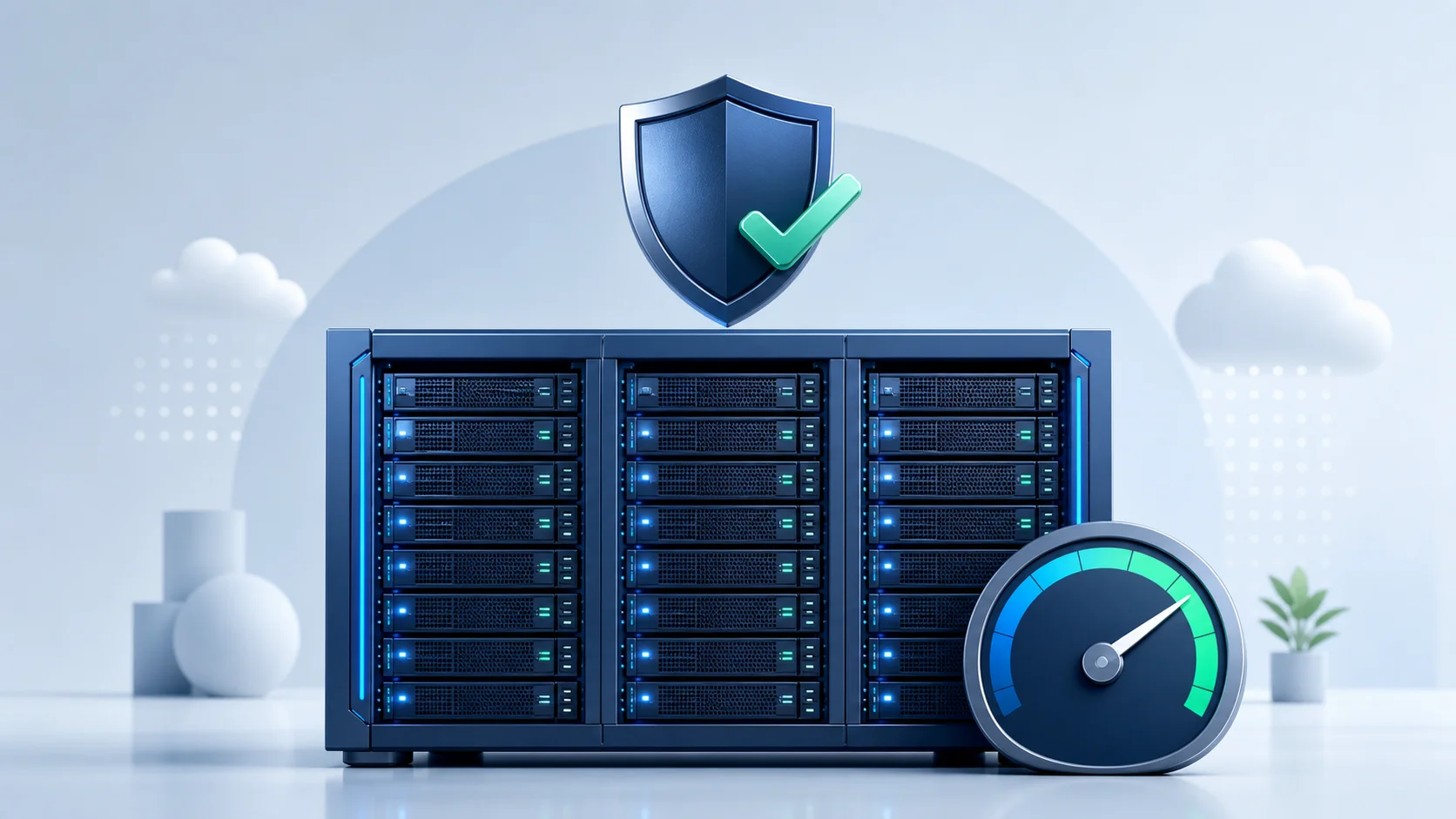 VPS 安全加固与性能优化封面配图，服务器机架与盾牌图标
