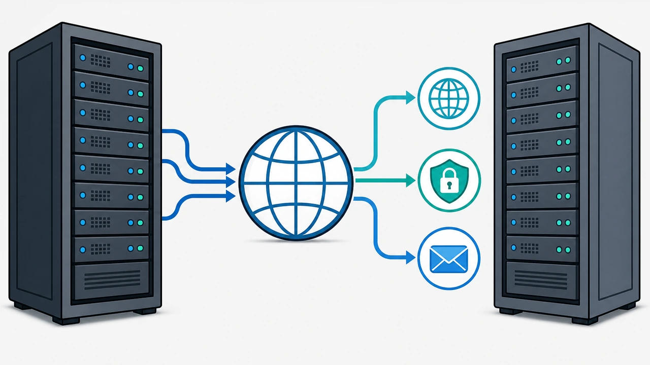 网站迁移后 DNS、SSL 与邮件服务联动检查示意图