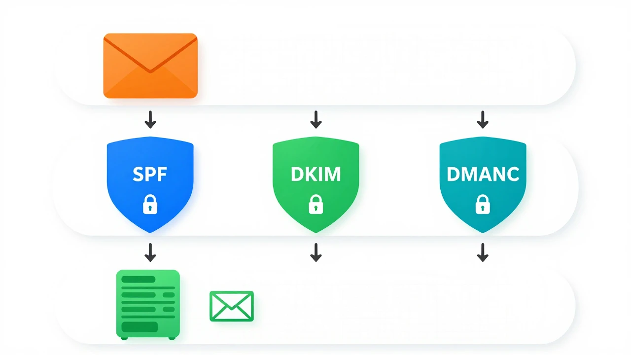 邮件服务 SPF、DKIM、DMARC 三层验证流程示意图
