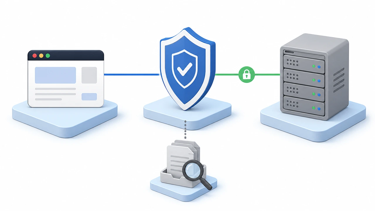 ModSecurity 审计日志定位流程：盾牌下方落入日志托盘、上方悬着放大镜图标，绿色连线连接服务器