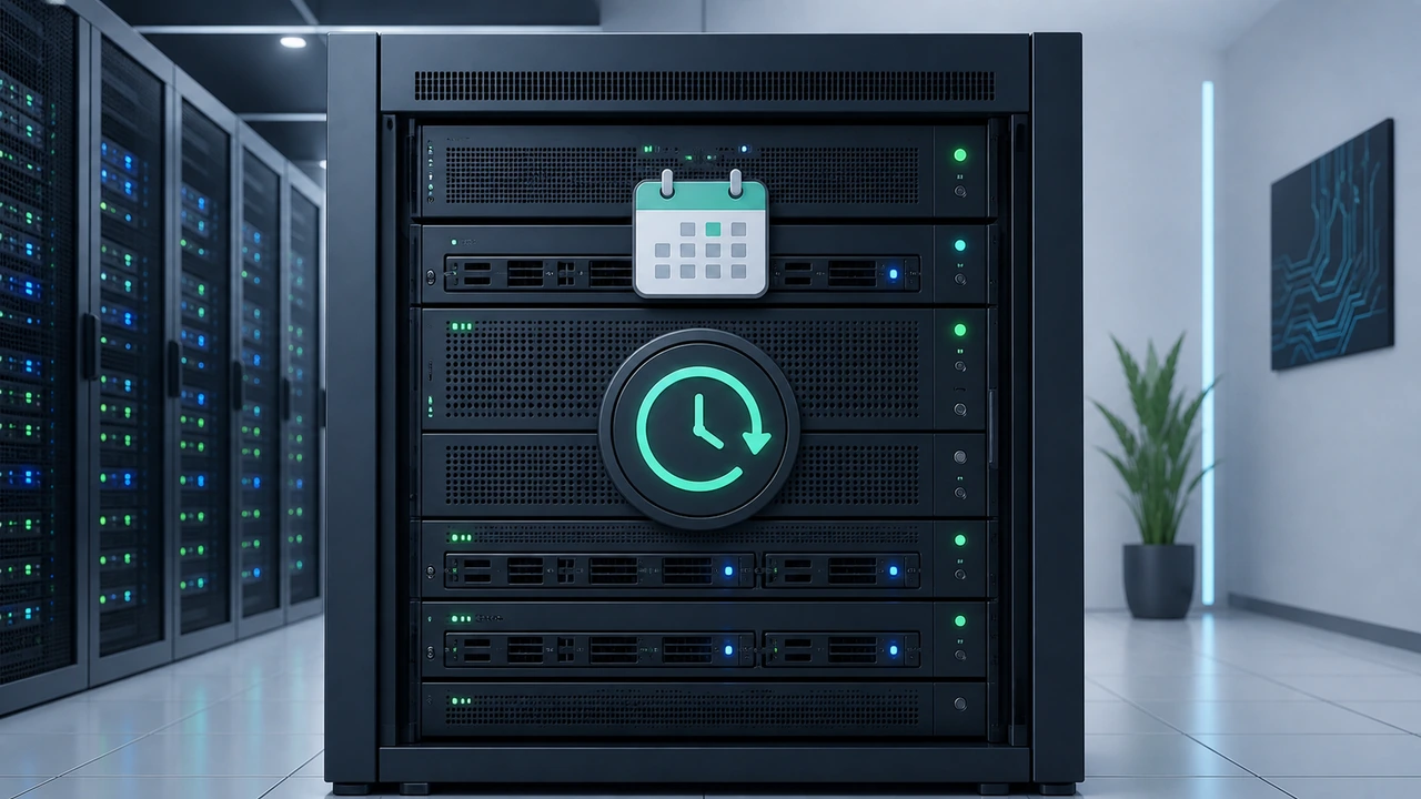 systemd timer 定时任务实战封面：一台服务器机柜与定时器概念图标