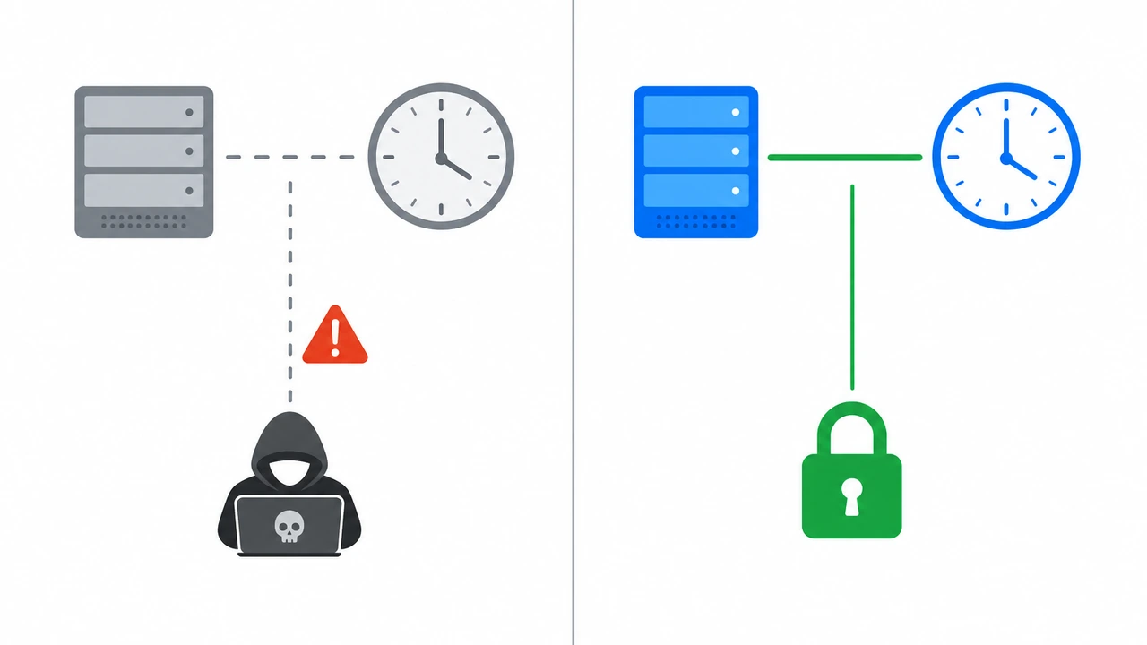 明文 NTP 与 NTS 加密时间同步对比图