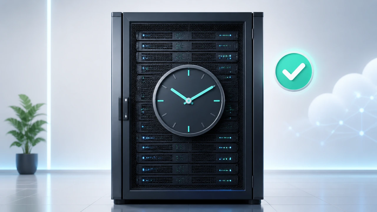 服务器时间同步 NTP chrony 部署封面图，展示带时钟面板的服务器机架