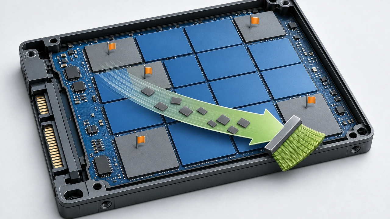 SSD 内部数据块被旧数据占用、等待 TRIM 回收的示意
