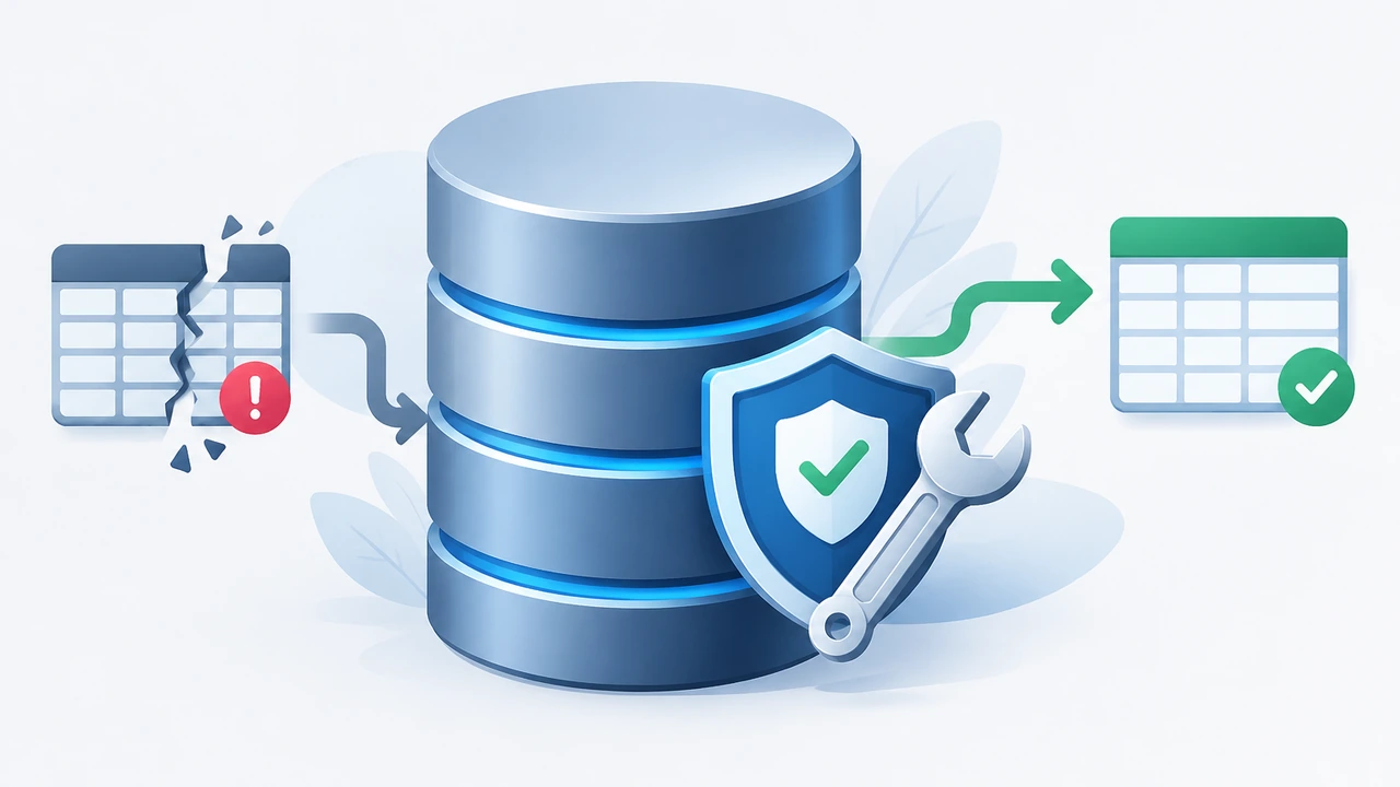 MySQL 数据库圆柱体图标旁配有扳手与盾牌标识，表示表损坏后的修复与保护流程