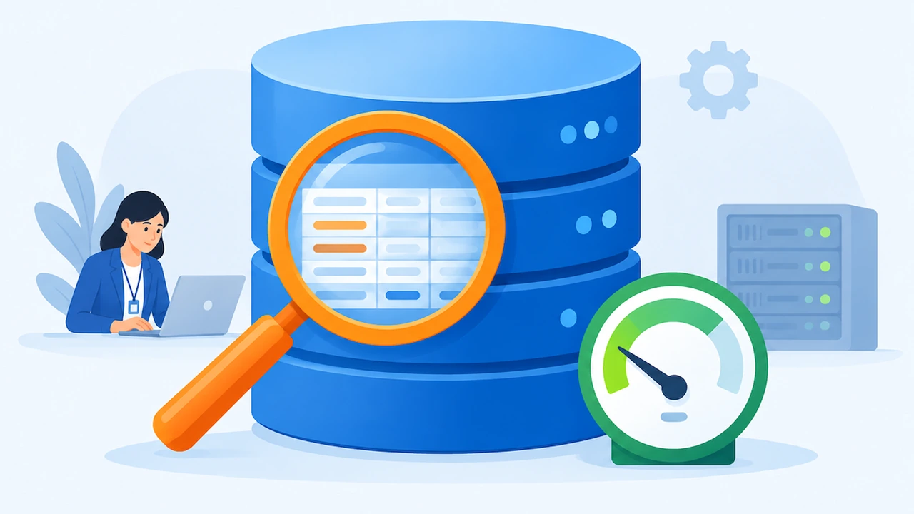 MySQL 慢查询日志定位问题 SQL 的封面配图：数据库与放大镜排查示意