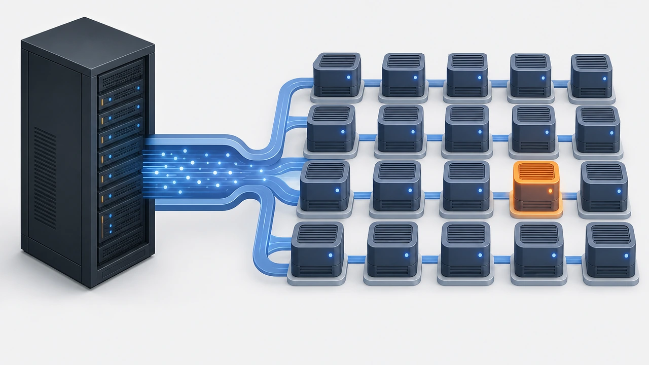 PHP-FPM 请求进入进程池被逐个处理，其中一个进程过载的示意图