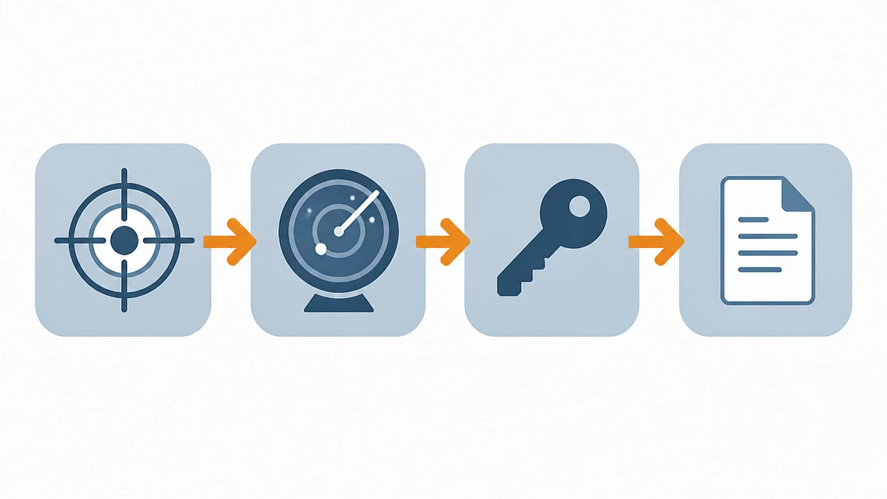 基线扫描四步流程示意：圈定范围、外部探测、登录检查、报告归档