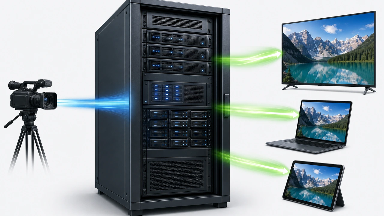 自建流媒体服务器架构示意：推流端经 nginx-rtmp 服务器分发到多个观众端