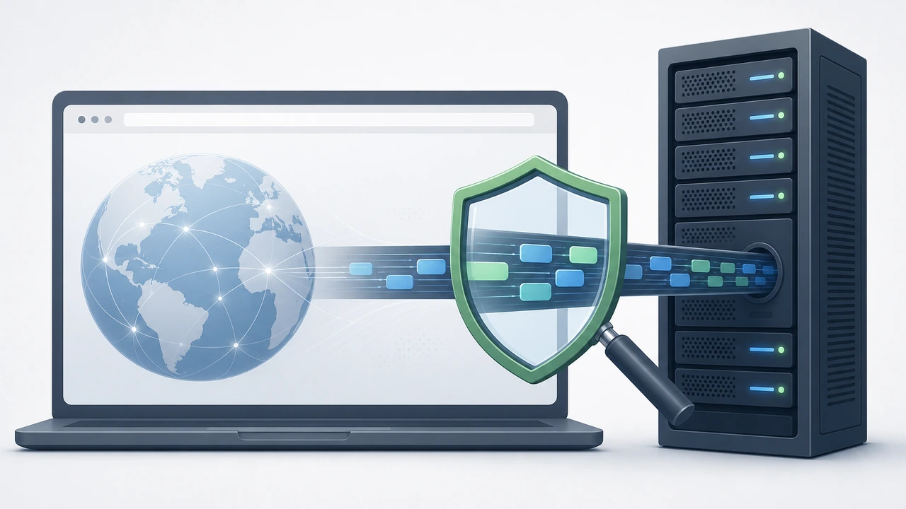 tcpdump 抓包示意图：浏览器与服务器之间的数据流被放大镜捕获