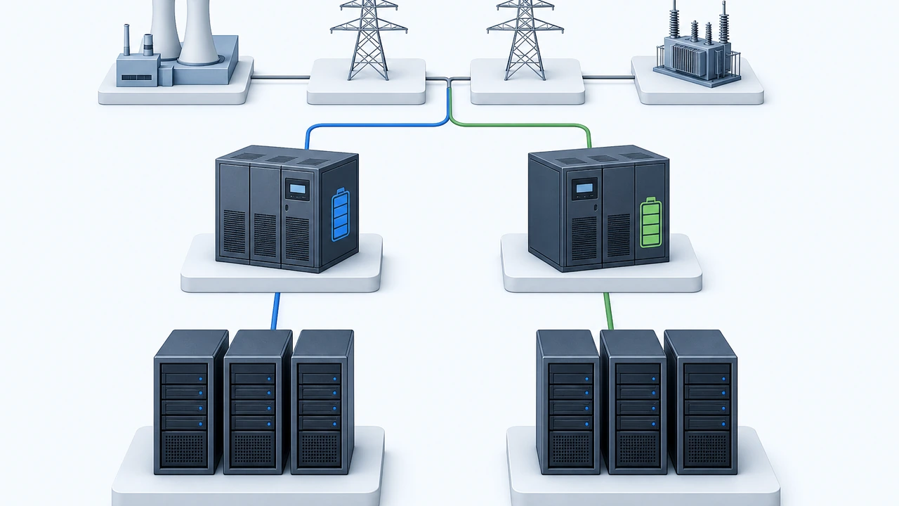 市电经双 UPS 分别向两列服务器机柜供电的拓扑示意图