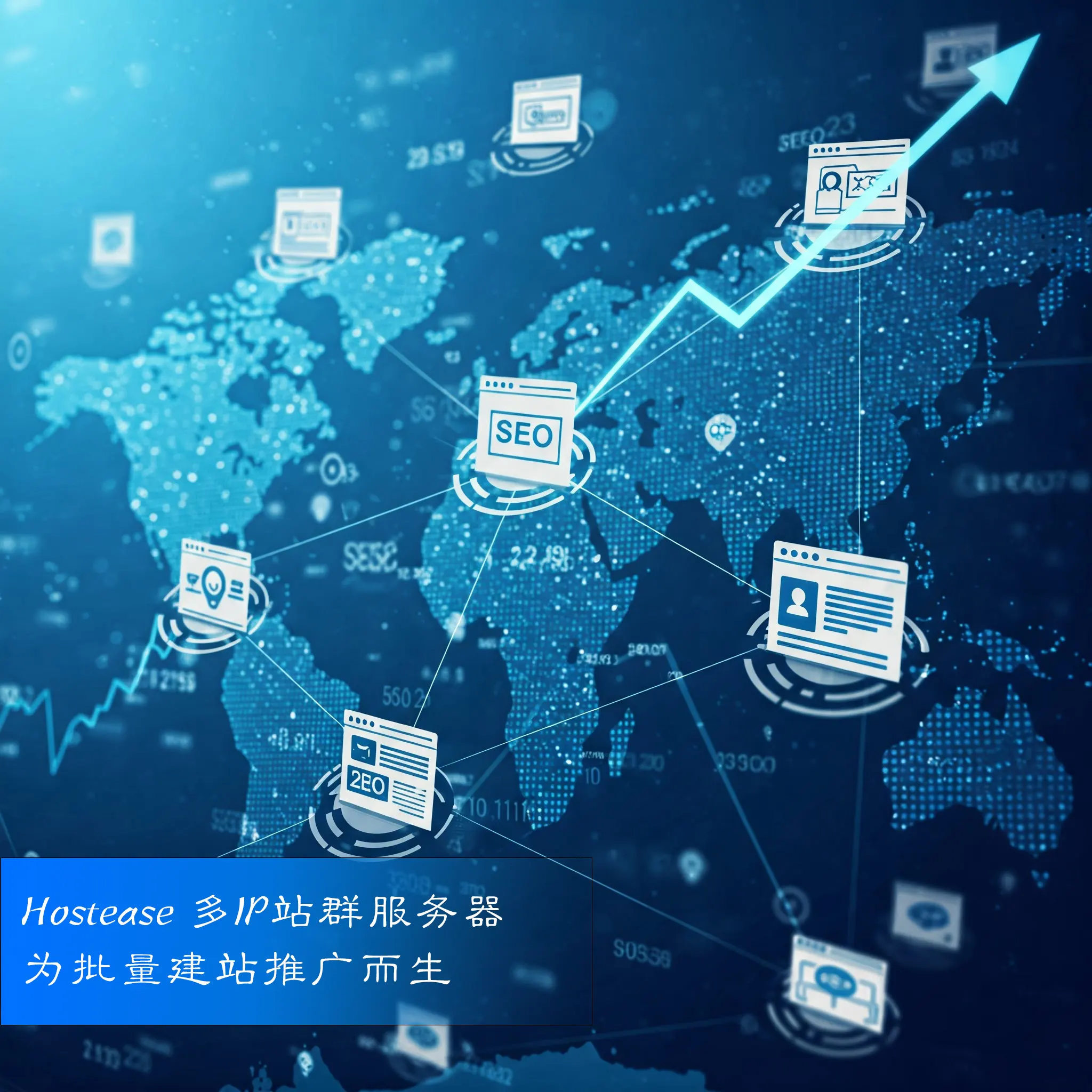 多IP站群服务器推广图，展示高效建站与SEO部署概念