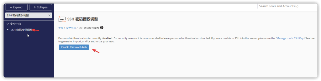 导航到"Manage root's SSH Keys"页面