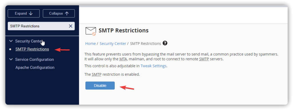 搜索并关闭SMTP Restrictions