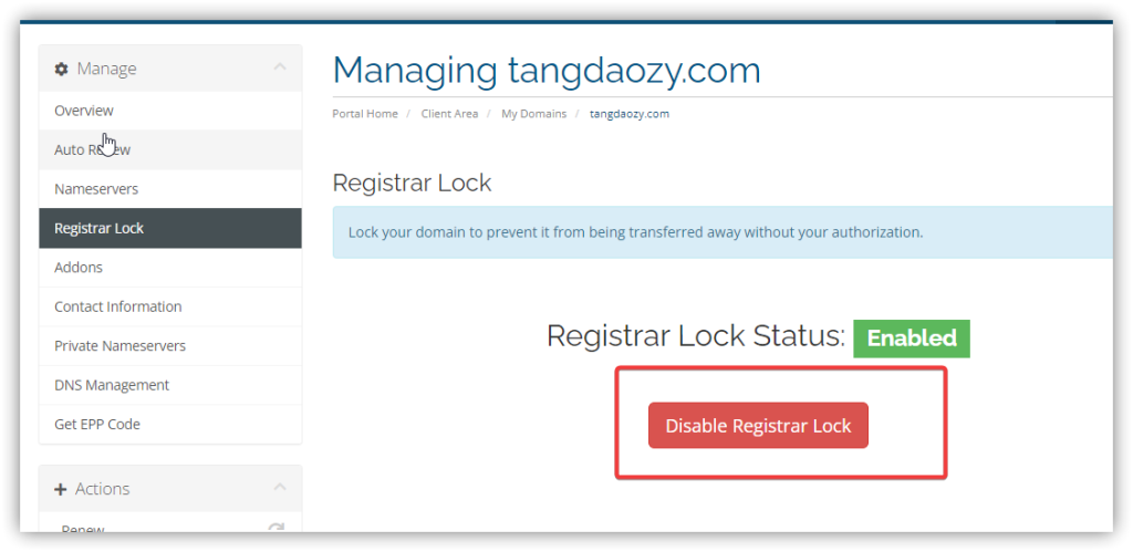 Disable Registrar Lock